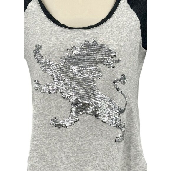 Express Womens Silver Sequin Lion Tee Size Small T-Shirt Baseball Sleeves Grey - Picture 3 of 11